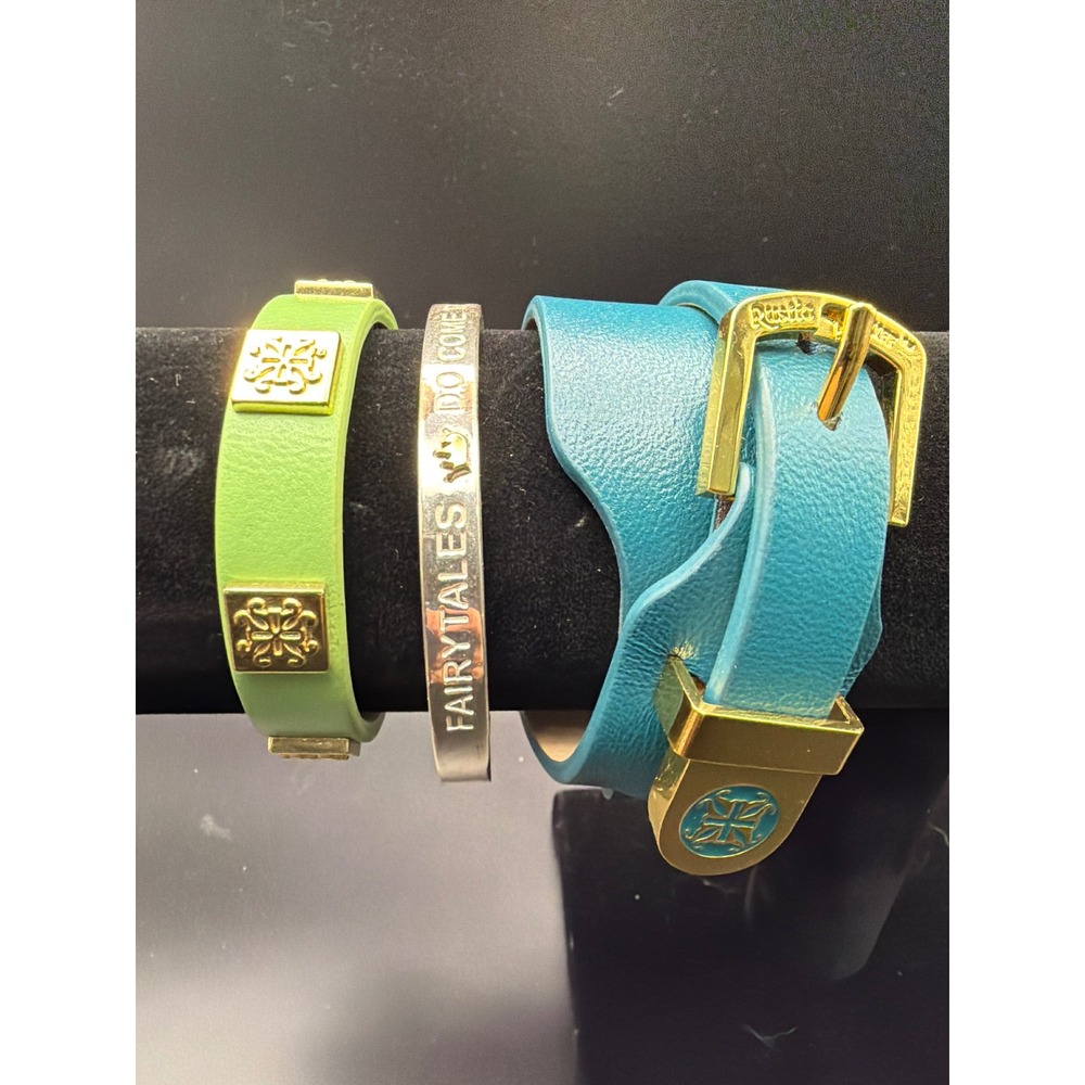 Rustic Cuff Bracelet Lot 3pc Teal Green Leather Wrap & Fairytales Silver Cuff